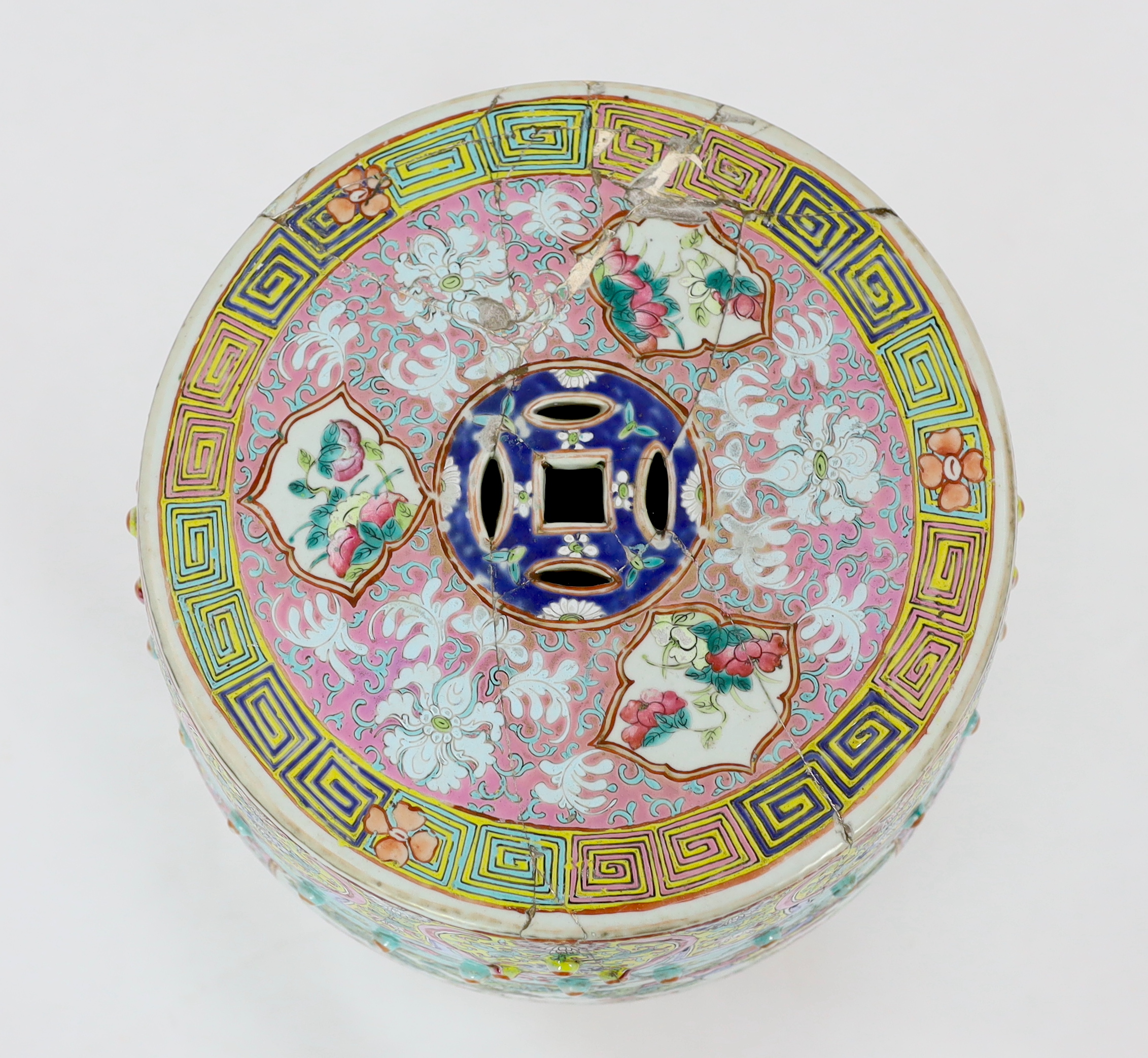 A 19th century Chinese Canton decorated famille rose garden seat (restored), 46cm high